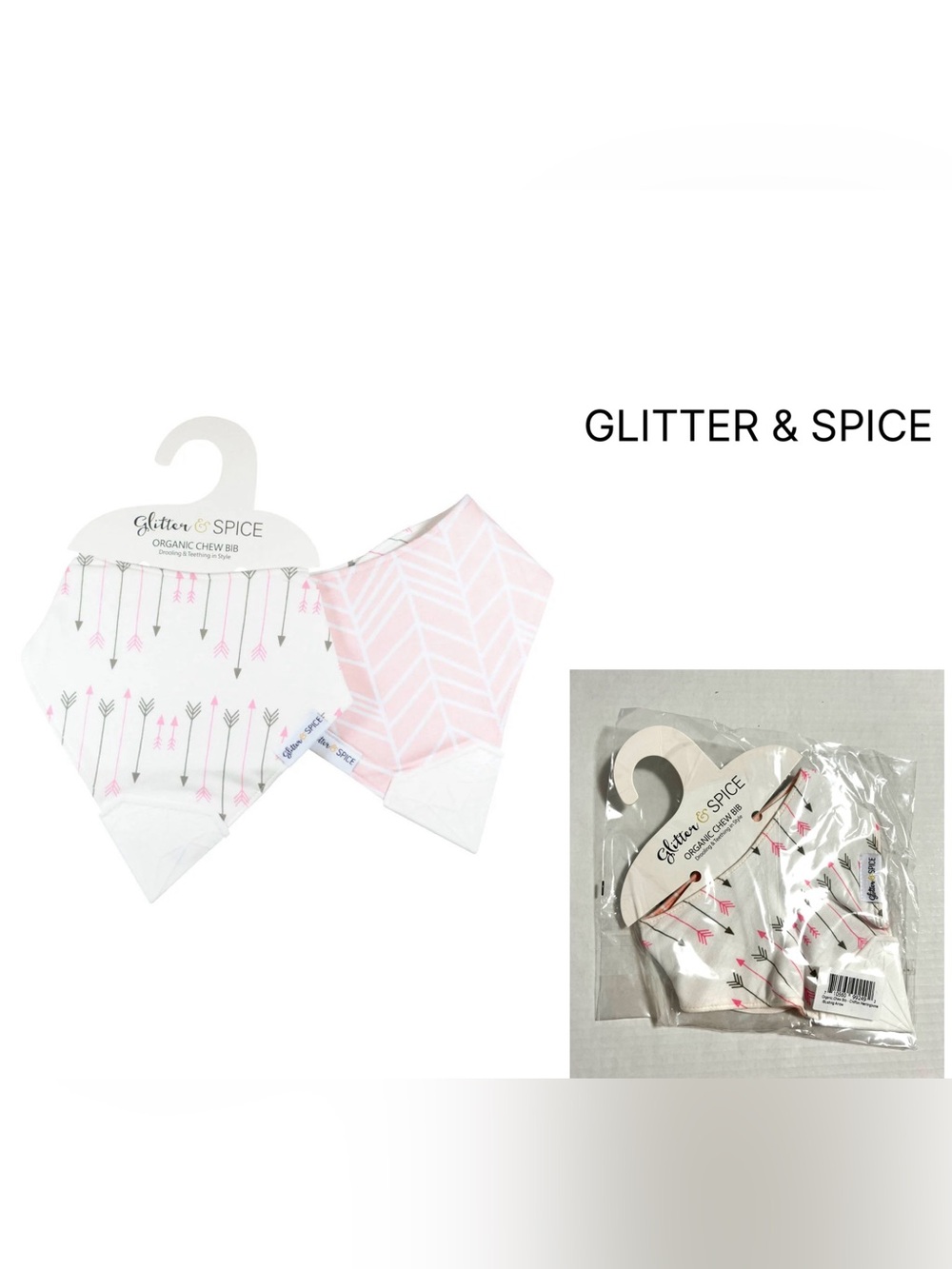 GLITTER & SPICE - NWT - DOUBLE SIDED CHEW BIB - HERRINGBONE / ARROW